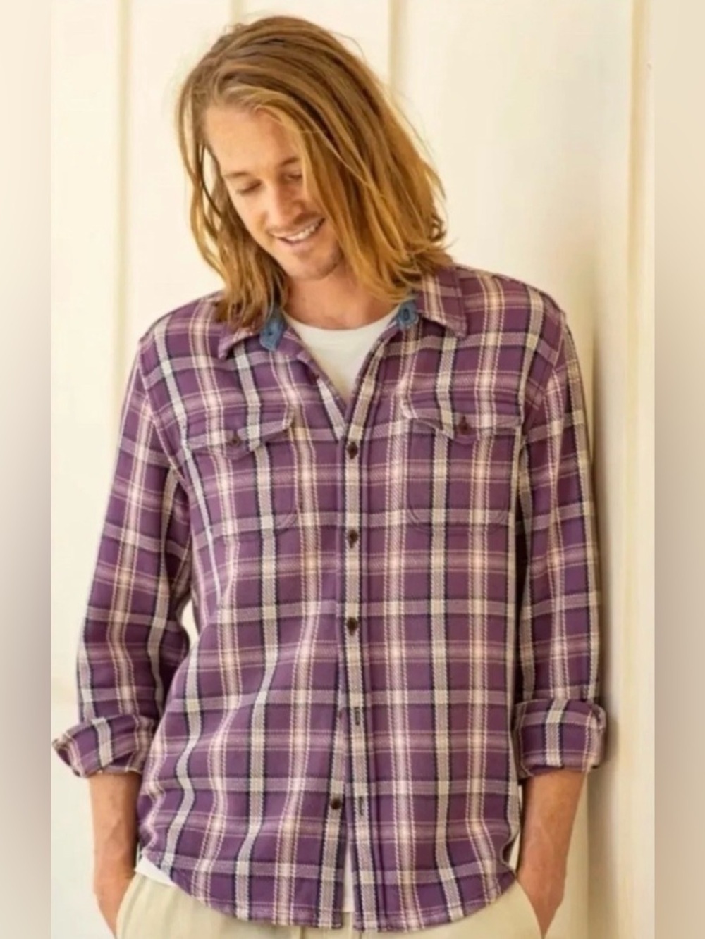 NWT Outerknown Blanket Shirt Purple Plaid Organic Cotton Flannel Size M